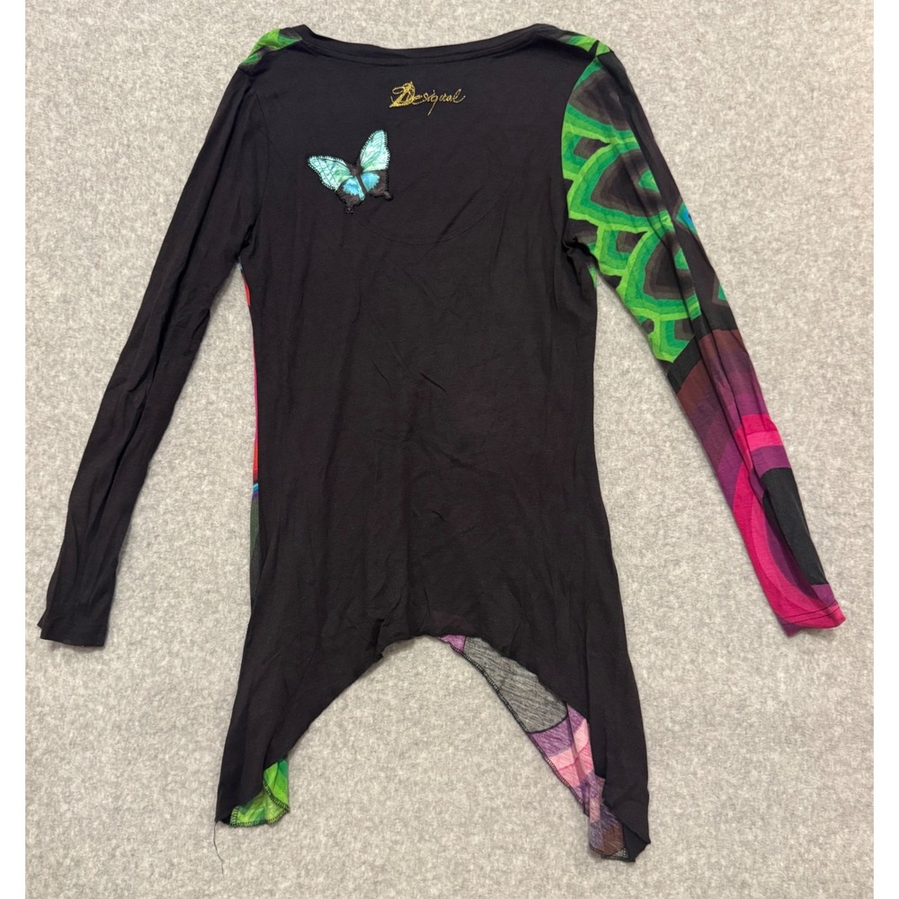 Desigual Women Long Sleeve Asymmetrical Butterfly Graphic Top V-Neck Black Y2K - Picture 7 of 8